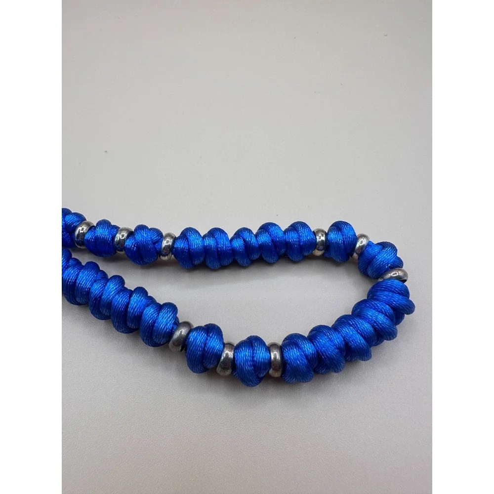 Blue Knotted Cord Necklace Silver Tone Spacer Beads Boho Festival Statement Gift